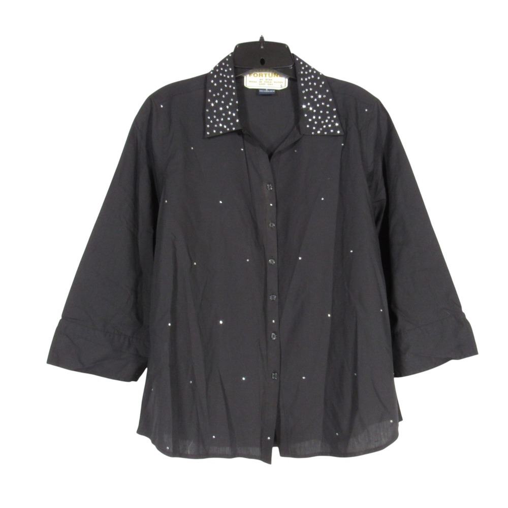 FORTUNE Lightweight TWILL Black SHINY SEQUIN STUDS Button-Up SHIRT/TOP Sz S